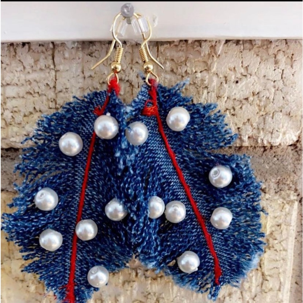 Wide Blue-Jean Pearled Earrings (medium) 3 inches long by 2 1/3 inches wide